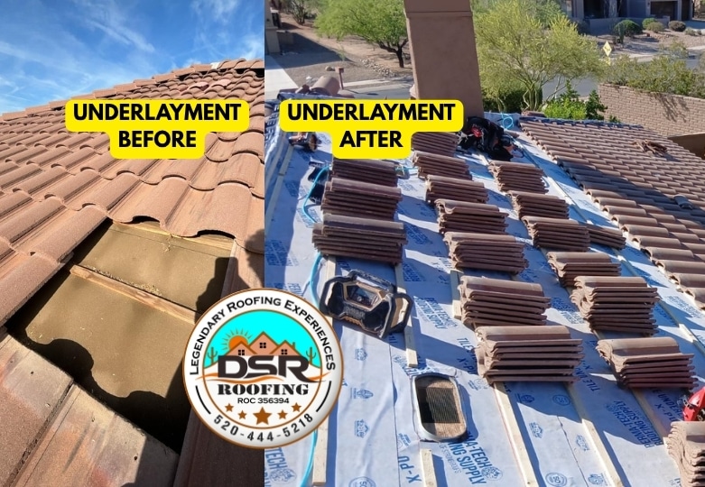 Before and after tile roof underlayment replacement by DSR Roofing in Tucson