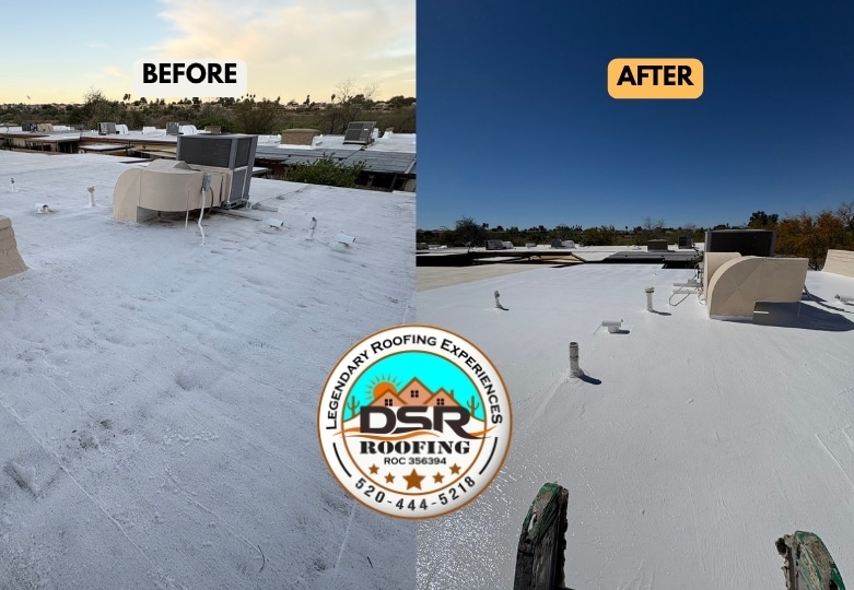 Before and after flat roof bright reflective coating by DSR Roofing