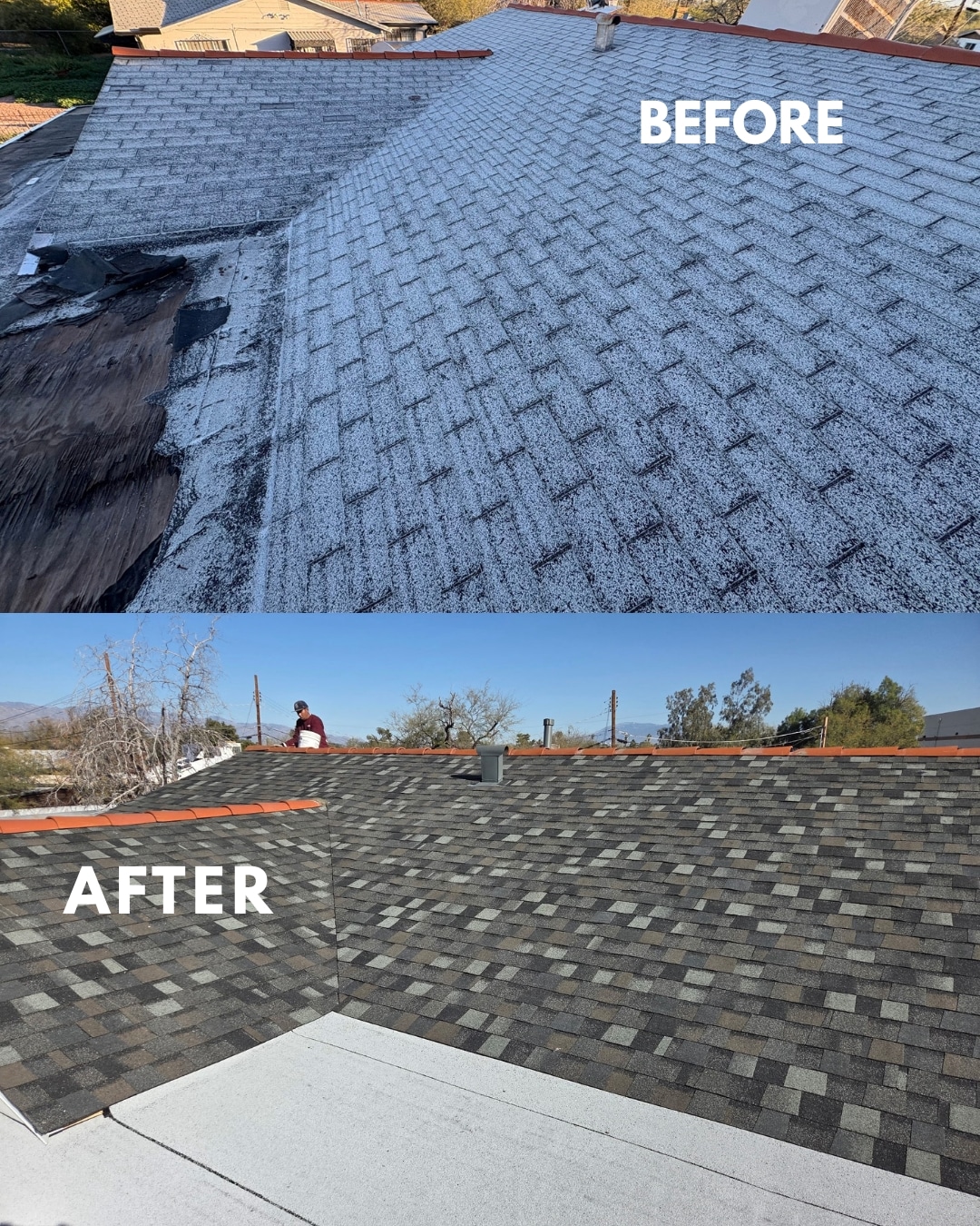 Before and after aged shingle roof replaced with new multi-tone shingle by DSR Roofing
