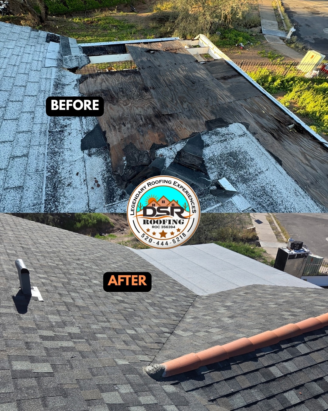 Before and after shingle roof tear-off and replacement by DSR Roofing in Tucson