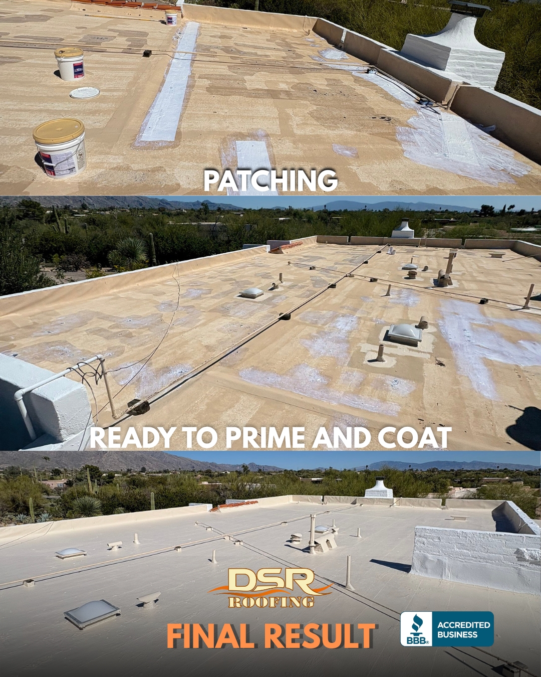 Three-step flat-roof restoration process by DSR Roofing: patching, priming, final result