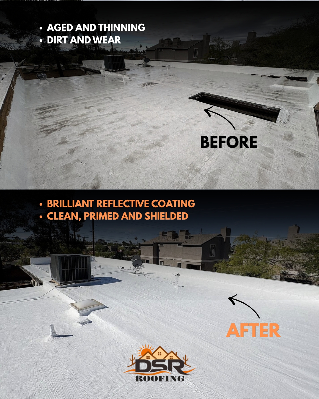 Before and after aged roof coating replaced with reflective coating by DSR Roofing