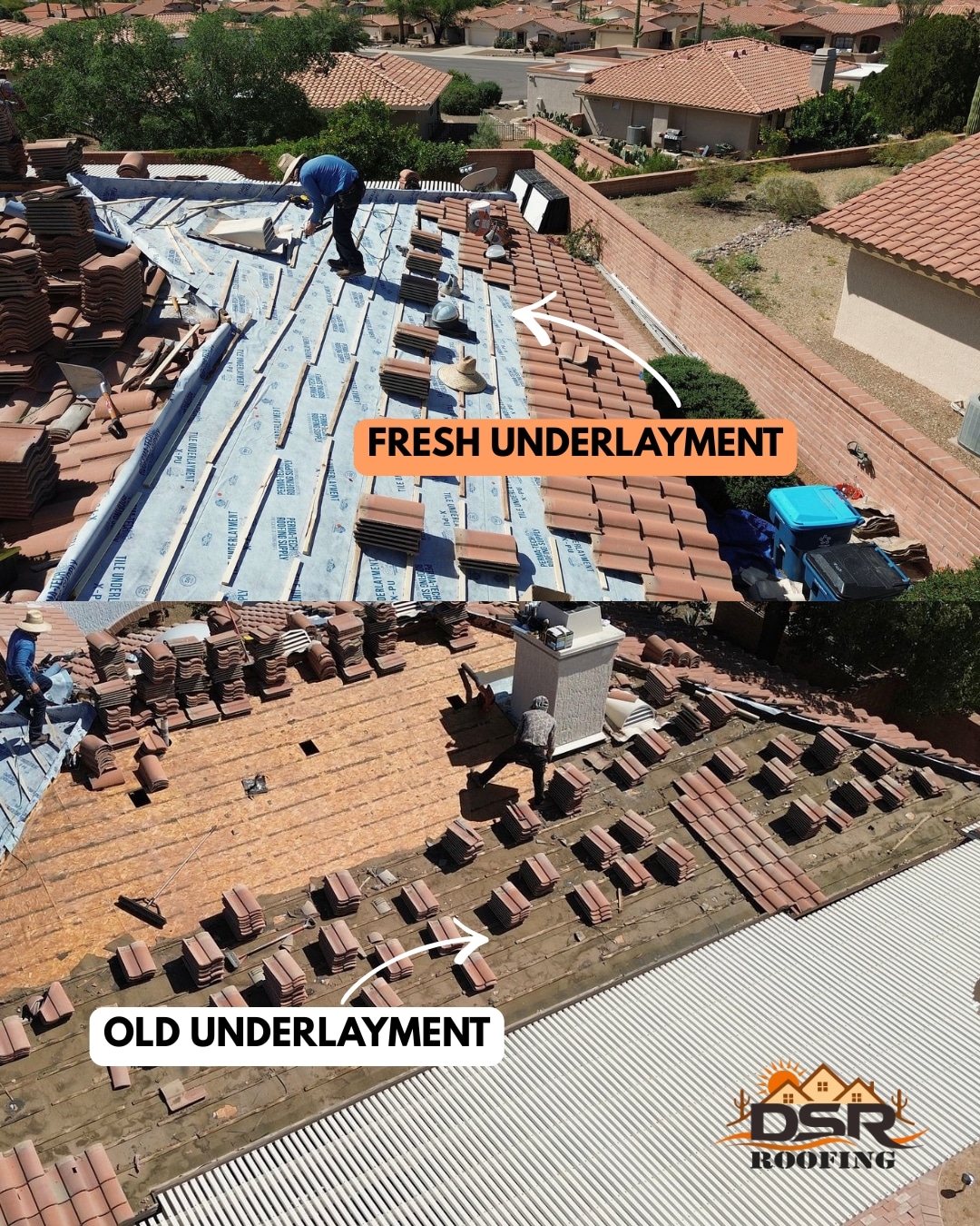 Aerial drone view of a tile roof replacement in progress by DSR Roofing
